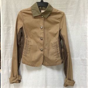 Free People Khaki Tweed and Twill Patchwork Blazer Jacket Tan Green Small